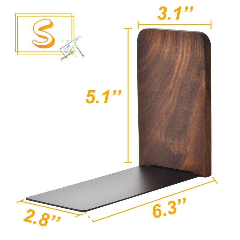 VIVTOB Book Ends, Black Walnut Wooden Bookends for Shelves -