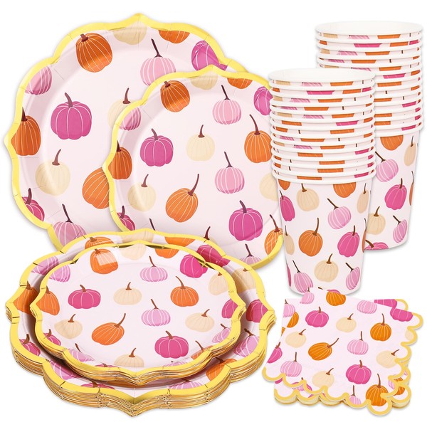 JarThenaAMCS Fall Party Supplies Kit Pink Orange Pumpkin Scalloped Tableware