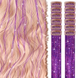 FESHFEN Clip in Hair Tinsel 12 PCs Purple Clip ins Glitter Tinsel Hair Extensions Sparkle Fairy Hair Party Dazzle Colorful Hair Accessories Strands Kit for Women 20 Inch