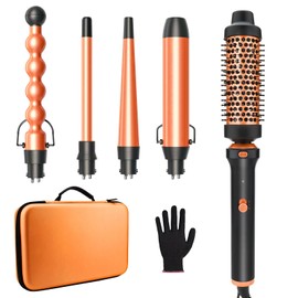 GSKY 5 in 1 Hair Curling Irons, Curling Iron Wand 5Pcs 0.5 to 1.25 Inch with Thermal Brush, Interchangeable Ceramic Barrel with Case Heat Protective Glove 2 Clips, Dual Voltage Hair Curler