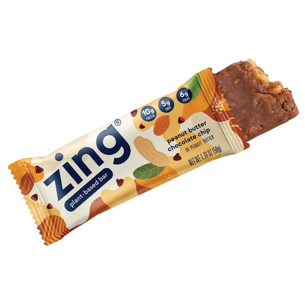 Zing Bars Plant Based Protein Bar, Peanut Butter Chocolate Chip Nutrition Bar, 10g Protein, 5g Fiber, Vegan, Gluten Free, Soy Free, Non GMO, 12 count