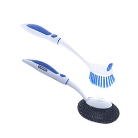 Dish Washing Vegetable Brush Scrubber with Stainless Steel Grill Brush, Scourer Sponge Brush Set with Long Handle and Rubber Grip, Non-Scratch, Kitchen Cleaning Set (2 Pack, Blue)
