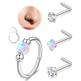 VCMART Nose Rings Set for Women Men Hypoallergenic Stainless Steel L-Shaped Nose Studs 20G White Opal Hinged Small Silver Hoops for Nostril Septum Cartilage Helix Rook 2nd/3rd Earlobe Lip Piercings
