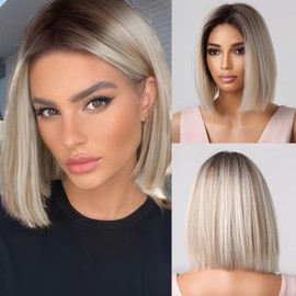 testar Short Blonde Wig for Women 12 Inch Short Straight Ombre Blonde Wigs Natural Real Hair Wigs Synthetic Glueless Wigs for Daily Party Wear by Women