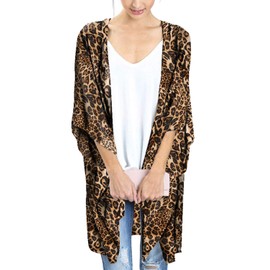 Women's Leopard Print Kimono Cardigan Animal Tops Cheetah Cover Ups Summer Beach Chiffon Sheer Shirts Plus Size L