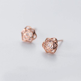 Rose Flower Stud Earrings Sterling Silver for Women Teen Girls Cubic Zirconia Pure Brilliance CZ Wedding Earring Ear Studs Hypoallergenic Nickel Free (Rose Gold)
