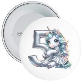 Silver Coloured Unicorn Birthday Badge : 59mm Wide : Standard Metal Pin Back (5th Birthday)