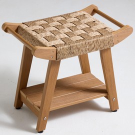 JemKelly Rattan Shower Bench seat with Storage Shelf,Poly Plastic Shower Bench for Shaving Legs, Comfortable Bath Shower Stool Chair for Spa Bathroom, Weather Resistant/Non-Slip/Handles (RO841N).