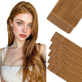 HOTBANANA Invisi Edge Tape in Hair Extensions Human Hair, 18inch 50g 10pcs Invisible & 10pcs Classic Auburn Ginger Seamless Tape in Hair Extensions Straight Injected
