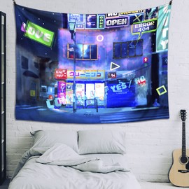 CoolChange Neo Gaming City Tapestry, 200 x 145 cm, Wall Hanging with Gaming Motif, Neon City Tapestry, Includes Mounting Material, Blue