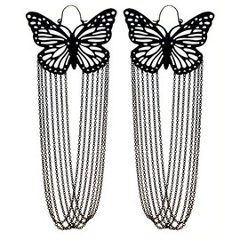 Black Iridescent French Hook Butterfly Shaped Dangle Earrings Chain Tassel Accents TME542