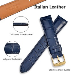 WOCCI Italian Leather Watch Strap, Embossed Alligator Grain Bracelet, Choice of Colour and Width 14 mm, 18 mm, 19 mm, 20 mm, 21 mm, 22 mm, Navy Blue (Golden Buckle), Strap.