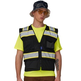 A-SAFETY Black High Vis Reflective Safety Vests for Men Women large High Visibility Vest with Pockets Mesh Fabric Construction Safety Apparel Neon Vest for Work