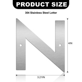 4 Inch Floating House Numbers and Metal Letters for Outdoor Signs, Modern 304 Stainless Steel Silver Address Numbers for Home, Apartment, and Garden Decor (Letter N)