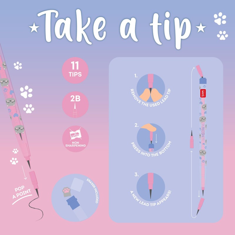 Legami - Stackable Pencil with Eraser Take a Tip, Kitty