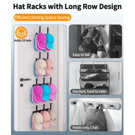 Hat Rack 2 Packs, Removable Long Row Hat Racks for Baseball Caps Wall, Holds 25 hats, 2 Mounting Options Hat Organizer, Space Saving Hat Rack for Wall, Hat Hanger for Door, Room, Closet (Black)