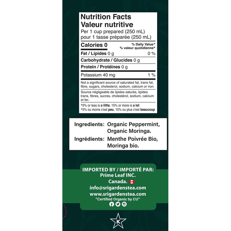 Sri Gardens Tea Moringa Mint Tea Bags, 20 count