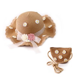 Wenrou Girls' Age and Straw Hat, Straw Hat and Small Bag Set, Children's Beach Hat, Hat and Small Bag Set, Girls' Straw Hat, Ideal for Travel, Beach, Outdoor, Everyday Wear, khaki