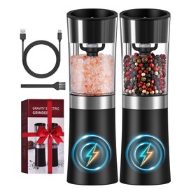 Gravity Electric Salt and Pepper Grinder Set, USB-C Rechargeable Salt and Pepper Mill with 100ml Larger Capacity, White Light, One Hand Automatic Operation, Black, 2Pack