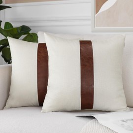 JOTOM Set of 2 Linen Faux Leather Patchwork Throw Pillow Covers 40x40cm Modern Stripe Patchwork Farmhouse Decor Cushion Covers Pillow Cases for Couch Living Room Bed Outdoor Sofa Decor (Cream White A)