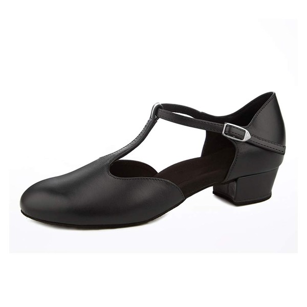Flats Dance Shoes Women Low Heel Genuine Leather Pumps T-Strap Latin Ballroom Salsa Shoes,1" Black