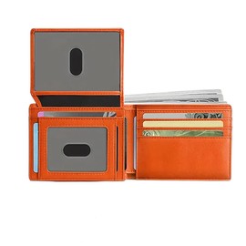 BOMPOW Carbon Fiber 14-Slot Men's Slim Wallet Bifold Card Holder with ID Window | Thin Front Pocket Minimalist Wallet for Men (Orange)