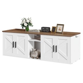HOOBRO Double Litter Box Enclosure, Hidden Litter Box Enclosure with Corridor, Cat Litter Box Furniture with Storage Layer, Wooden Litter Box Cabinet with Hooks, White and Walnut WH15MW01