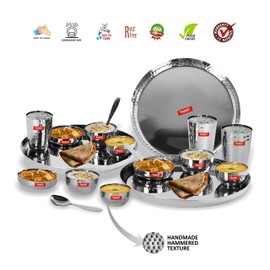 Sumeet Stainless Steel Handcrafted Hammered Texture Heavy Gauge Mirror Finish Royal Dinner set of 18 Pcs (3 Plate, 3 Small Halwa Plate, 3 Big Bowl/Wati, 3 Small Bowl/Wati, 3 Glass, 3 Spoon)