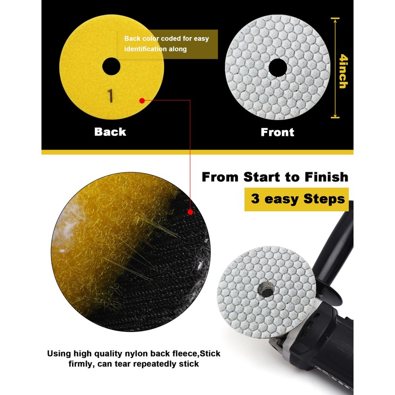 Solidure Diamond Polishing Disc,3Step Dry Diamond Polishing Pads 100mm for