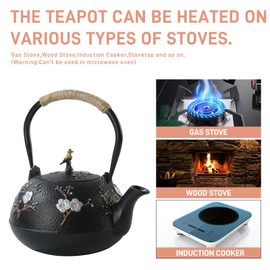 SECHUDO Tea Set Tea Kettle Japanese Style Beautiful Black Cast Iron Teapot Set with 4 Cups,1 Trivet and 1 Lid Holder,40.6oz Teapot with Infuser for Stove Top Safe