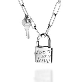 Quadri - Women's Necklace Silver 925-3.20 mm Paper Clip Chain with Padlock and Love Key Gold-Plated 18 Carat or Silver Length 45 cm / 56 cm with Extension of 5 cm, Silver