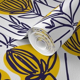 Spoonflower Commercial Grade Wallpaper Swatch - Yellow Floral Navy Leaf Pattern Watercolor Florals Circles Circle Modern Bright Traditional Wallpaper