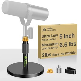 AA AUDIO ACCESSORY Base de Micrófono para Escritorio, Altura Ultra Baja 12.7 cm Ajustable, Capacidad 3 kg, Estructura 100% Metálica, Compatible con Sh