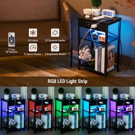 Rietolax LED End Table with Charging Station, Small Side Table for Living Room, Nightstand with USB Ports & Outlets, 3-Tier Bedside Table with Storage Shelf, Black