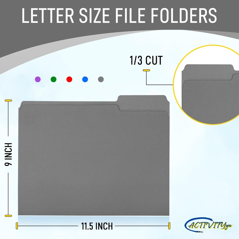 Grey File Folders, 1/3-Cut Tabs, Letter Size, 12-Pack – Durable