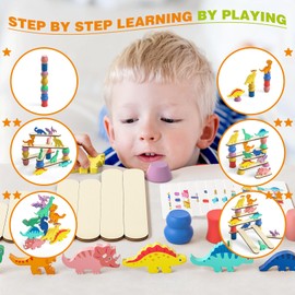 Montessori Dinosaur Toys for 1 2 3 4 Year Old Toddlers, Preschool Education Toys for Ages 2-4 Boys Girls Kids, Wooden Dinosaur Blocks Sorting & Stacking & Balance Toy, Educational Birthday Gift