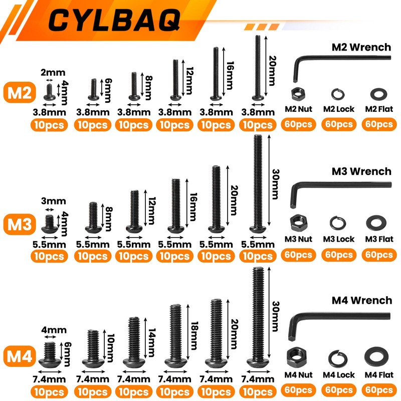 Nuts and Bolts Set M2 M3 M4, CYLBAQ Black Hex