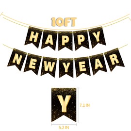 YQUQWN Happy New Year Banner 2025 - Large 10 Feet Black Gold Happy New Year Banner for 2025 New year Party Decorations Supplies - NYE Decorations Happy New Year Sign New Years Backdrop Props