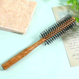 Small Round Hair Brush for Blow Drying, Curling Brush with Wooden Handle & Nylon Bristle, for Wet Hair, Bangs, Beard, Styling, Lifting (Wood Color)