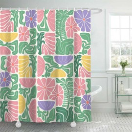DeeCabin Boho Abstract Colorful Floral Shower Curtain, Vintage Retro Patchwork Purple Green Flower Botanical Geometric Aesthetic Groovy Bathroom Decor Shower Curtain Set with 12 Hooks, 60X70IN