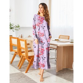 Ekouaer Nightgowns for Women Cotton Soft Long-Sleeve Long Women Sleepwear Nightdress Moo Moo Nightgown Floral Lilac L
