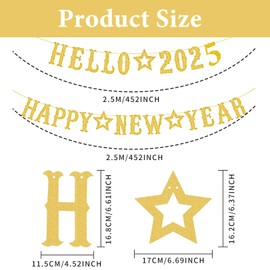 New Year's Eve Decoration 2025 Banner Gold, Hello 2025 Happy New Year Lettering Banner, 2025 Happy New Year Hanging Decoration for New Year's Eve Christmas Party Home Bar Outdoor Party Decorations