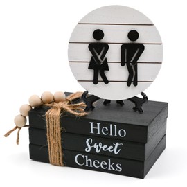 Bathroom Shelf Decor Farmhouse Funny Bathroom Decor Signs,3D Round Shiplap Signs and Book Stack-Hello Sweet Cheeks,Wooden Rustic Decor for Restroom Shelf Guest Bathroom(Black)