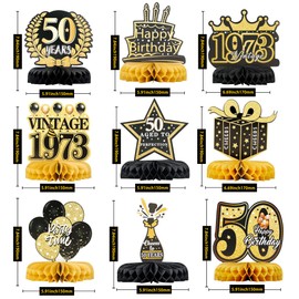 Gyufise 9Pcs 50th Birthday Decorations Honeycomb Centerpieces for Women Men Black Gold 1973 Aged to Perfection Vintage Centerpieces for Tables Toppers Fifty Years Birthday Party Decorations Supplies