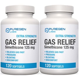 P Puregen Labs Extra Strength Gas Relief Softgels with Simethicone 125 mg | Fast Relieve of Pressure, Bloating and Painful Discomfort – 2 Pack | Total 240 Softgels