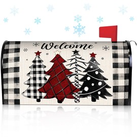 Blosssound Christmas Mailbox Cover Magnetic Standard Size 21 x 19 Inch, Winter Mailbox Cover Xmas Tree Snowflakes Buffalo Plaid Decorative Post Letter Box Decor for Garden Yard Outdoor(Red,Welcome)