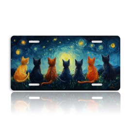 Cat Front License Plate for Women Starry Night Sky Oil Painting Car Vanity Plates Decorative Aluminum Metal Cute Novelty License Plate 6x12 Inch (4 Holes)