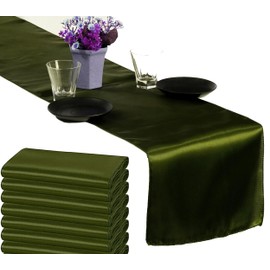 MDS Pack of 15 Satin Table Runners 12 x 108 Inch Long Wedding Sateen Bright Silk Smooth Table Runner for Wedding Reception Birthday Graduation Party Event Banquet Spring Decoration - Olive Green