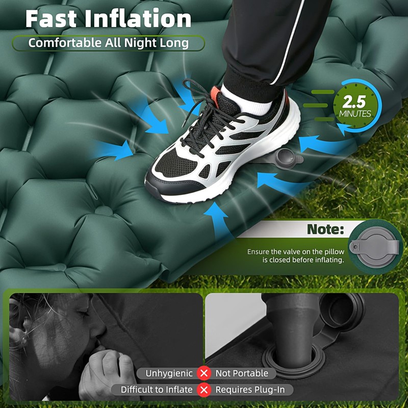 Double Camping Sleeping Pad, 4" Extra Thick 2 Person Inflatable