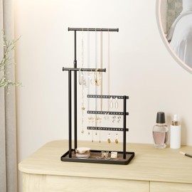 susswiff Jewelry Holder Organizer Stand - Adjustable Tall 17.5" (Max), Sturdy Jewelry Hanger for Necklaces, Earrings, Bracelets, Rings, Jewlery Display and Storage, Black, Metal